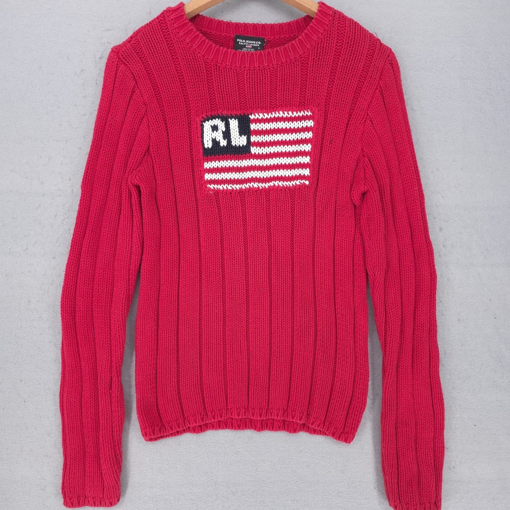 Polo Jeans Co Ralph Lauren Flag Sweater Womens Small Red Cotton Knit RL Logo